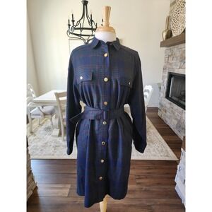 Vintage Plaid‎ Tarten Belted Shirt Dress Navy Blue Gold Buttons Preppy School